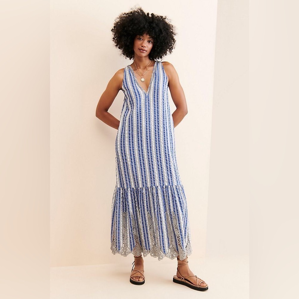 By Anthropologie Tiered Crochet Dress in Blue Size Medium.